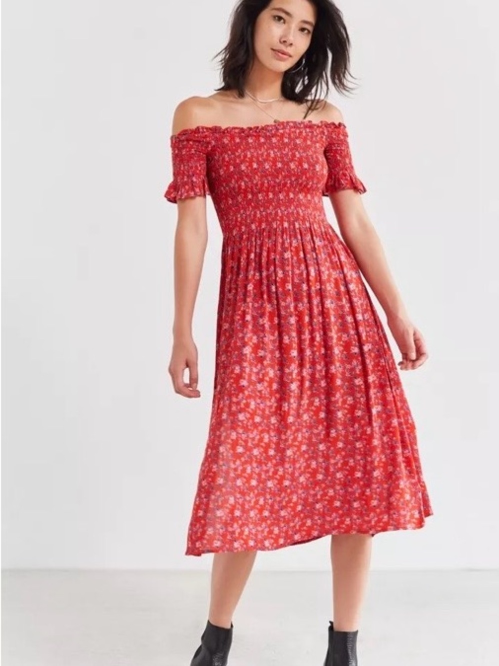 Kimchi Blue Red Floral Off-Shoulder Midi Dress